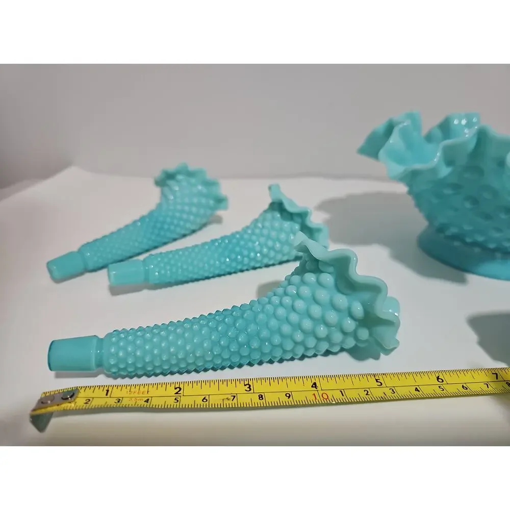 Fenton Aqua Milk Glass Three Horn Hobnail Epergne Vase/Bowl Mint Condition